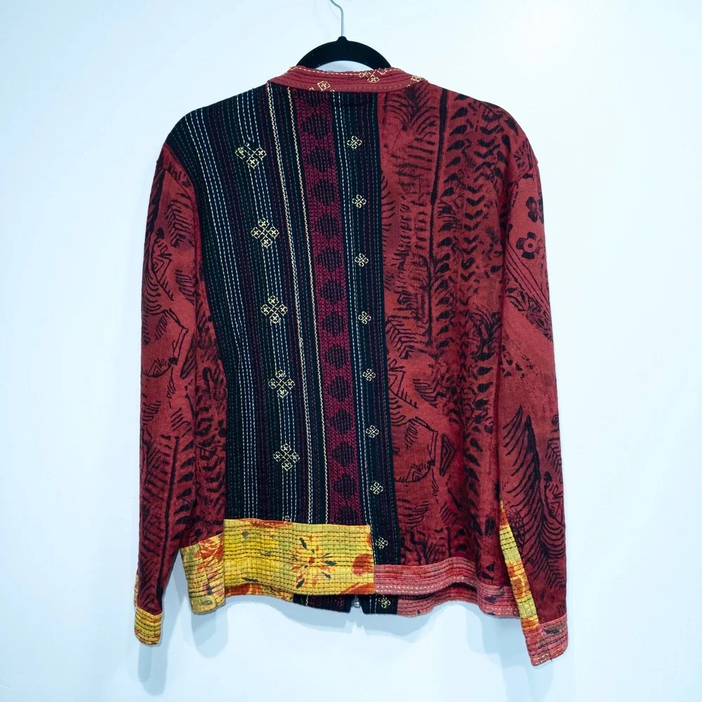 Chico's Red Indian‎ Kantha Quilt Embroidered Jacket Size 3 / XL